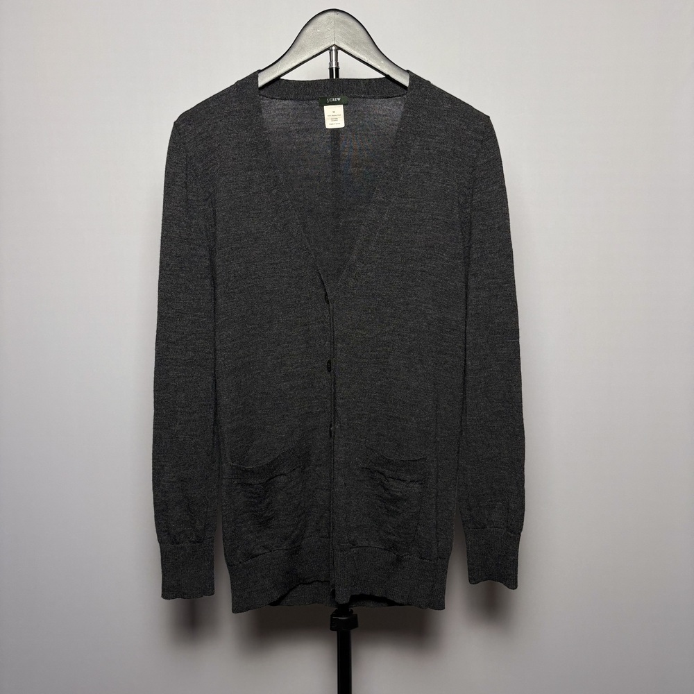 J.Crew Women's V-Neck Cardigan Sweater Grey Size M 100% Merino Wool Knit